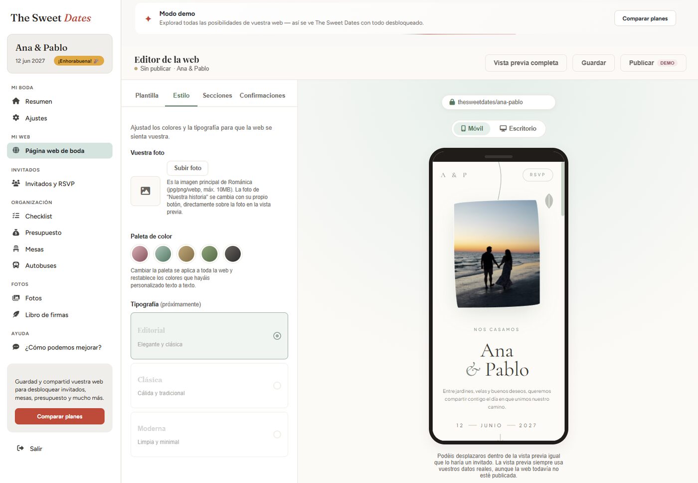 pagina web novios gratis, prueba plantillas boda panel con invitados