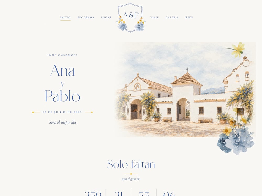Captura real de la plantilla Aires del Sur: cabecera de la web de boda con una acuarela de un cortijo blanco entre flores azules y amarillas, y los nombres de la pareja.