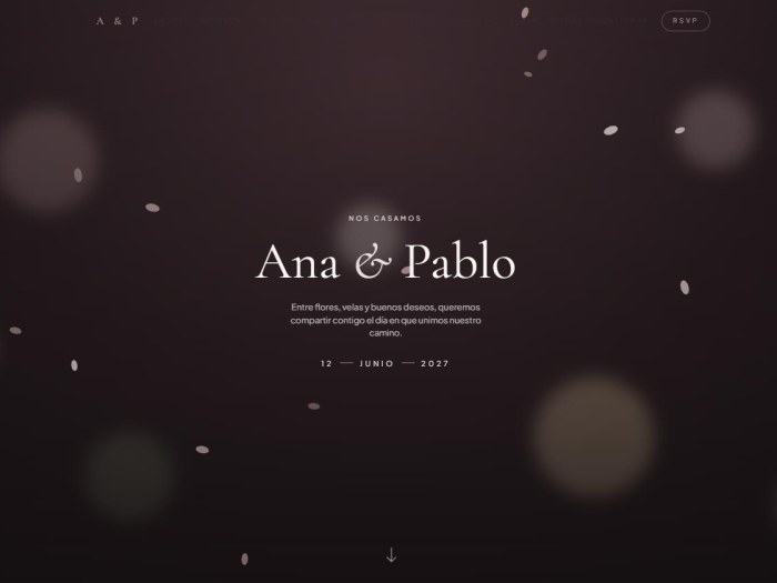 Captura real de la plantilla Floral: cabecera de la web de boda con fondo oscuro y detalles florales.