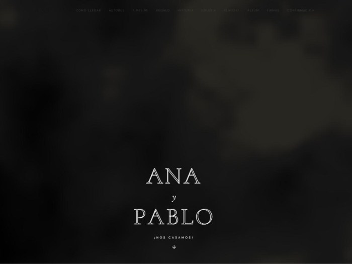 Captura real de la plantilla Minimalista: cabecera de la web de boda en blanco y negro con los nombres de la pareja.