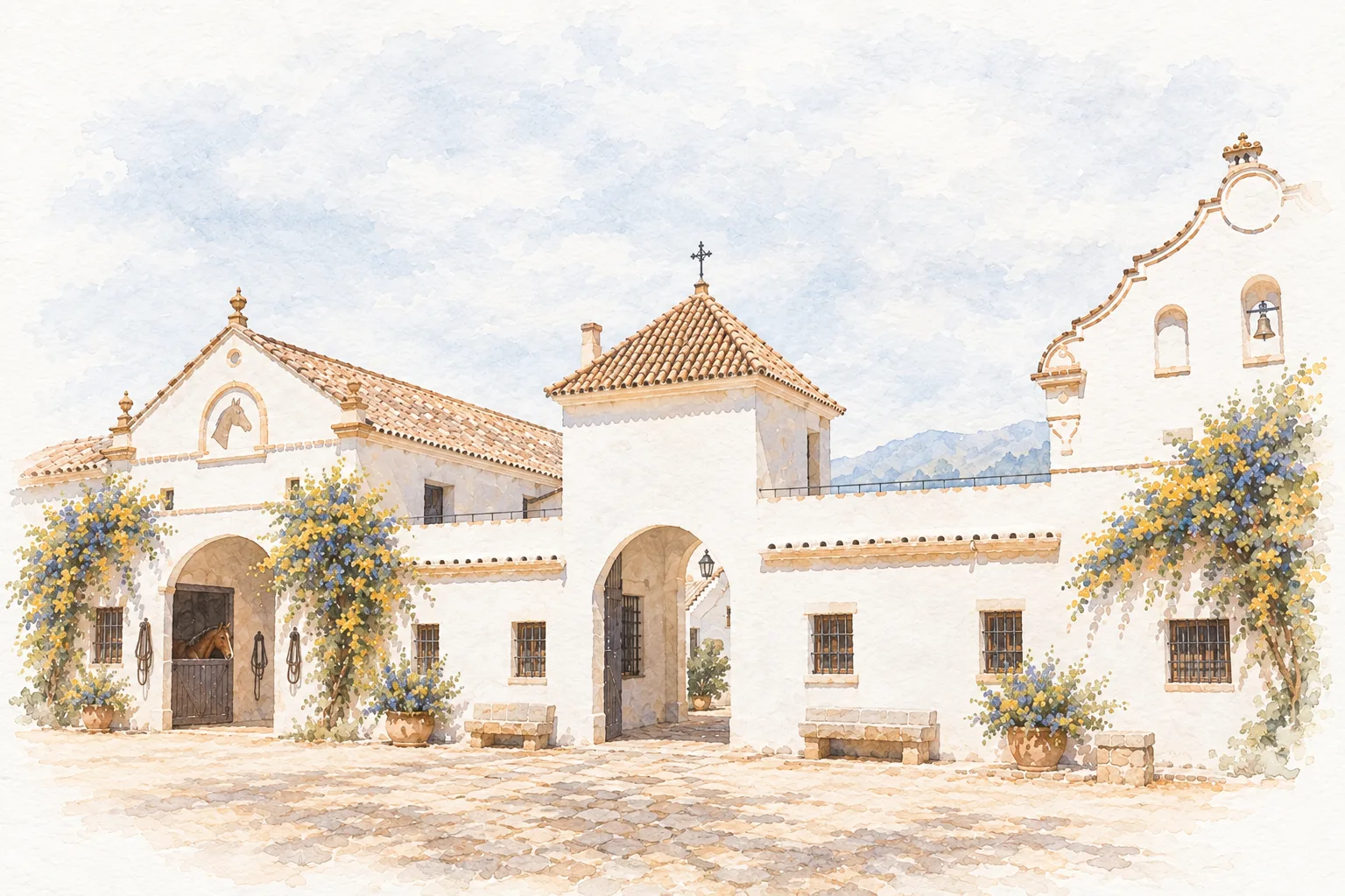 Acuarela de un cortijo blanco con espadaña, rodeado de flores azules y amarillas