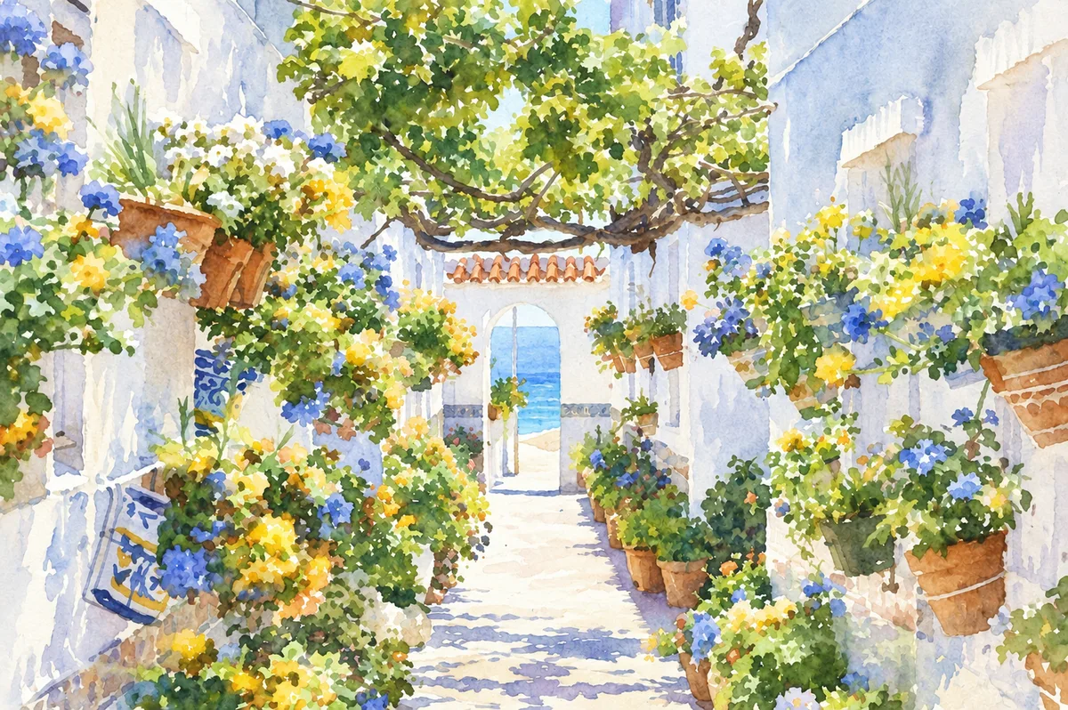 Acuarela de un callejón blanco lleno de flores que baja hacia el mar