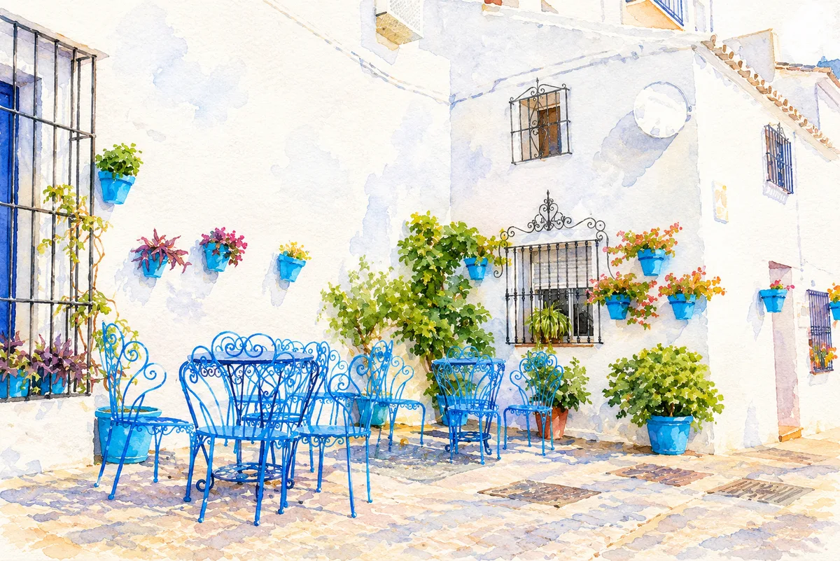 Acuarela de un patio blanco con sillas y macetas azules