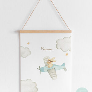 Lámina infantil conejita en avioneta Carmen personalizada