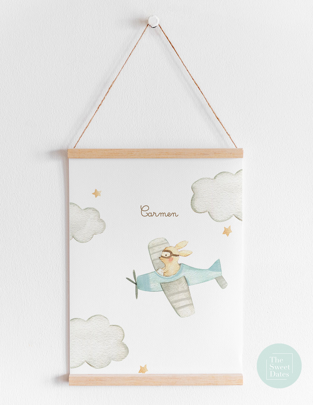 Lámina infantil conejita en avioneta Carmen personalizada