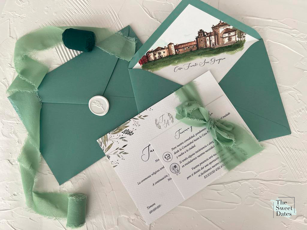 Invitacion-de-boda-en-verde-personalizada-con-forro-Sobre-C5-140gr-Casa-Fuerte-San-Gregorio-Soria