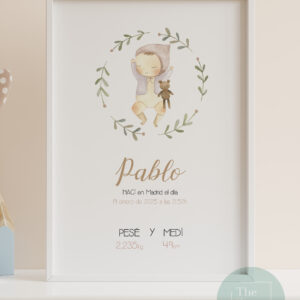 Lamina nacimiento bebe durmiendo corona floral niño