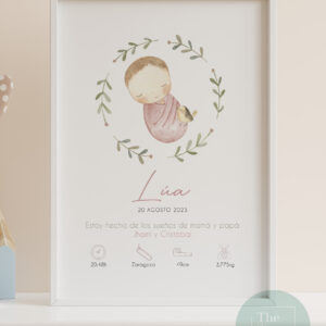 Lamina nacimiento bebe durmiendo corona floral regalo original papas