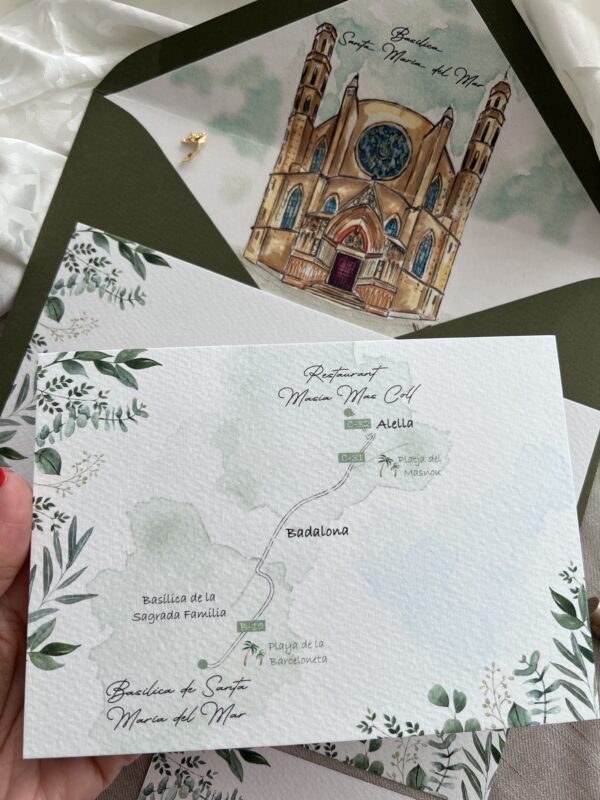 Invitacion de boda con acuarela personalizada en el forro del sobre y mapa de boda Zaragoza