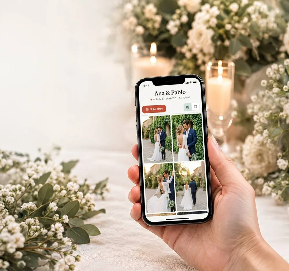 Álbum de fotos de boda en directo con las fotos de los invitados en el móvil