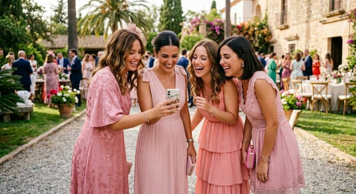 Cuatro invitadas riendo mientras miran en el móvil las fotos de la boda del álbum compartido con QR