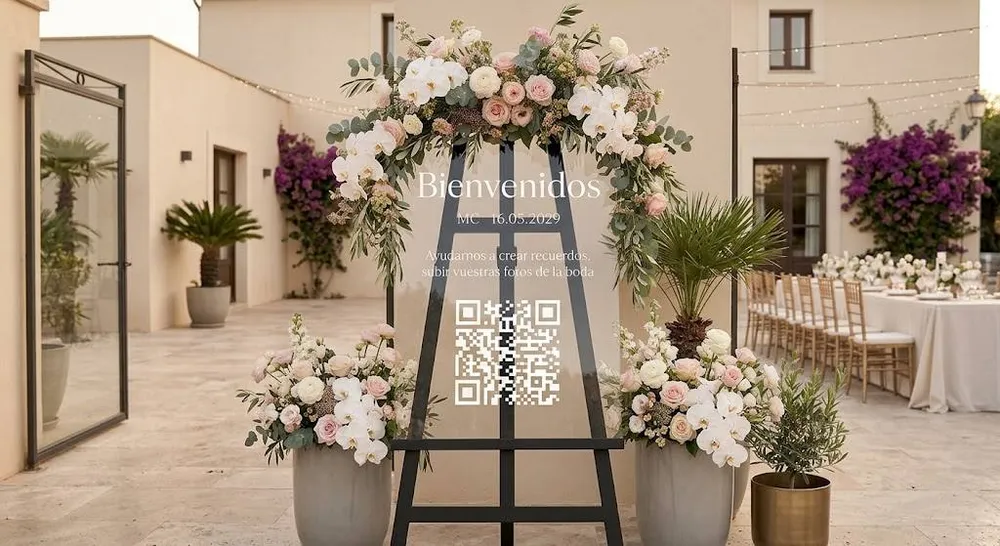 Cartel de bienvenida con código QR entre flores en la entrada de la boda para subir fotos al álbum