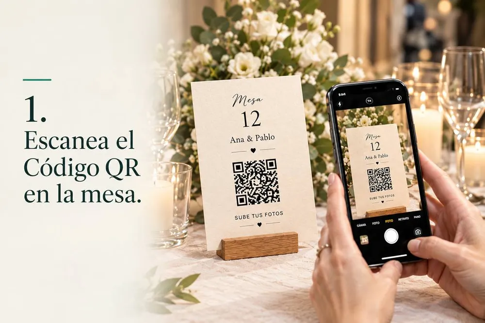 Invitada escaneando con el móvil el código QR del cartel de la mesa 12 para abrir el álbum de fotos de la boda