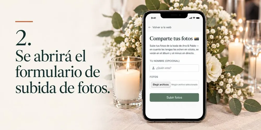 Formulario en el móvil para subir fotos de la boda con nombre opcional, sin descargar ninguna app